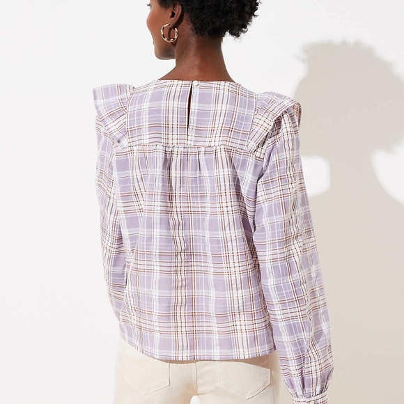 NWT LOFT Plaid Ruffle Cropped Blouse in Lavender - Picture 3 of 7
